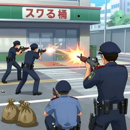 2012 Video Game Screenshot, Anime Neo-tokyo bank robbers vs police shootout, bags of money, Police Shot, Bullet Holes, Anime VFX, Violent, Action, MP5S, FLCL, Highly Detailed, 8k :4 by Katsuhiro Otomo + Studio Gainax + Arc System Works : 8
