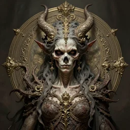 perfectly centered portrait front view of a angry dead rotten beautiful female daemon growing ornamentation, ornate, detailed, symmetrical, elegant, beautifully soft lit, by wayne barlowe, peter mohrbacher, kelly mckernan