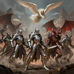 paladins in plate armor riding into hell, fighting demons, with an angel with a sword flying over them, hellscape, digital art