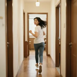 a girl running down the hallway of her home, looking back at the camera