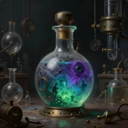 a painting of a steampunk voilet greenblue colored potion bottle in a dark dusty vintage science lab, by h. r. giger, hyperrealistic fantasy art, concept matte, ethereal, dreamy, digital art, trending on artstation, volumetric cinematic lighting