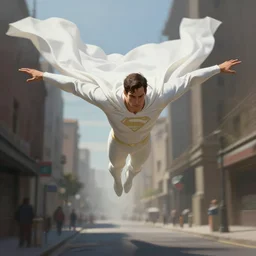 wide angle of superhero - white cape levitating over the street below, arms spread wide, highly detailed, digital painting, artstation, concept art, smooth, sharp focus, illustration, art by artgerm, greg rutkowski, alphonse mucha, j. c. leyendecker