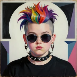 a chubby young goth girl an asymmetrical colorful ombre mohawk wearing euro sunglasses, a spiked collar, and a black tshirt. high key, anaglyph lighting, detailed character design, melancholic complex flat geometric minimalism by oskar schlemmer, moebius, nagel, john berkey, oil on canvas, portrait facial head, featured on artstation, hd wallpaper, anime art nouveau cosmic display