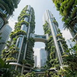 highly detailed futuristic modern buildings with plants growing all over