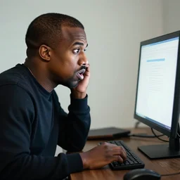 kanye west looking at his computer screen in disbelief