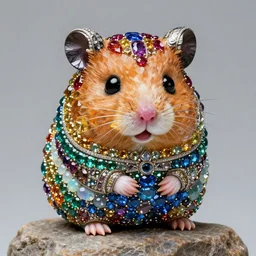 super cute hamster statue [ [ [ made of individual rainbow gems ] ] ], getty museum, gem face, on rock, gemstone nose, portrait, made of large rainbow gems, huge ornate gemstones, ruby sapphire emerald opal onyx, artgerm, realistic, roger deakins, annie liebovitz, greg rutkowski, jewelry hamster