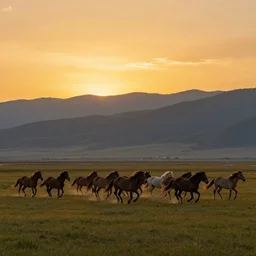 beautiful sunset in mountains, herd of wild horses running through the fields, hyperrealistic epic composition, rule of thirds, low angle