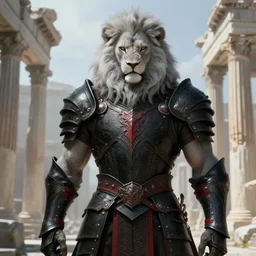 light grey hair portrait knights of muscular male furry albino lion + smoky eyes, matt black / little red color armor, in ruined agora of athens, ssci - fi and fantasy, intricate and very very beautiful and elegant, highly detailed, digital painting, artstation, concept art, frostbite engine, smooth and sharp focus, illustration, art by tian zi and wlop and alphonse mucha