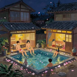 painting of night time intimate empty traditional onsen by small inn floating petals by artgerm mullins rutkowski ghibili traditional japanese architecture concept art fantasy octane raytracing vivid color perfectionism indirect light artstation