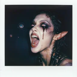 grainy color polaroid of a beautiful feminine alien with thick black sludge seeping from her eyes, screaming while being consumed by darkness, iridescent eyes, dreamlike, ultra realistic, photorealism, intricate detail, sigma 85mm f/1.4, 4k, hd