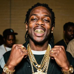 dslr portrait photo still of!!! colonial sanders!!! as a gangsta rapper with gold chains and gold teeth grills growling at camera, 8 k, 8 5 mm f 1. 8