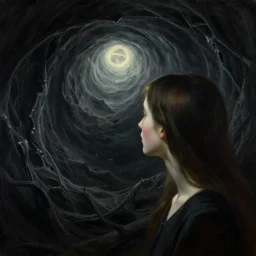 she peers into the abyss and sees the abyss looking back at her, dramatic lighting, smooth, sharp details, intricate, sad and powerful painting by beksinski and ruan jia and greg rutkowski