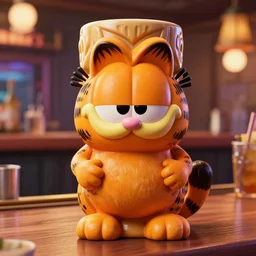 a closeup photorealistic photograph of an orange cat garfield style tiki mug sitting at a trader vic's bar with garfield's face on the front. tiki party. bright scene. fine detail. this 4 k hd image is trending on artstation, featured on behance, well - rendered, extra crisp, features intricate detail, epic composition and the style of unreal engine.