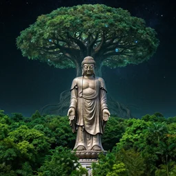 big budha statue standing in the middle of a matte landscape with a world tree with branches in the stars and roots in the underworld, vast, epic, starry, lush, greenery, cinematic color scheme, by artstation artists, 4 k wallpaper, uhd quality, unreal engine, glossy paper quality