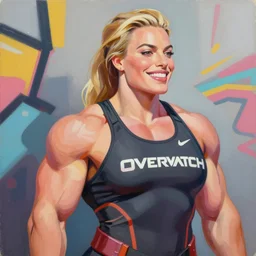 greg manchess portrait painting of smiling margot robbie as beautiful thick muscular female bodybuilder zarya from overwatch, medium shot, asymmetrical, profile picture, organic painting, sunny day, matte painting, bold shapes, hard edges, street art, trending on artstation, by huang guangjian and gil elvgren and sachin teng