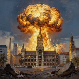 , city of munich!!!, nuclear explosion!!!, rubble, hyperrealistic, highly detailed, cinematic, single ray of golden sunlight, beautiful, cgssociety, artstation, 8 k, oil painting by greg rutkowski, by artgerm, by wlop