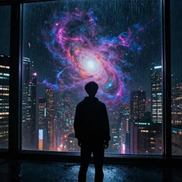 one cyber godly person made of cosmic nebula galaxy energy watching a rainy colorful dark complex cyberpunk futuristic city from behind at night through a window in a room, reflections, high contrast, 8 k, photorealistic, concept art, wet, highly detailed, cinematic mood by ridley scott, ghost in the shell, akita, digital painting, trending on artstation, glowing lights, sharp focus, epic