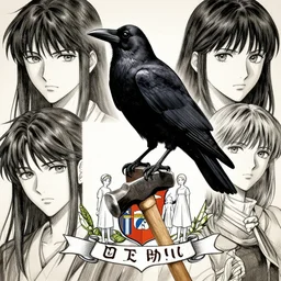 a crow perched on a hammer, centered on family crest, coat of arms, very detailed, anime manga, full frame, dramatic shading, jonathan pointer, janie penny,
