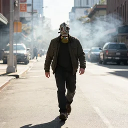 man in a gasmask screaming walking down the streets of seattle, sunlight, sunny day, smoke, full shot
