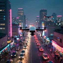 3 d vfx art of flying drones above - a neon lit - bustling lagos urban street - in nigeria, cinestill 8 0 0 t photograph, illustration in the style by philippe bouchet, unreal engine render, digital illustration, sharp, intricate detail, volumetric light, ray tracing, soft light, colourful, mike winkelmann surreal environment, first person view,