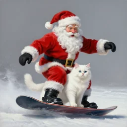 beautiful lifelike studio painting of santa and white fluffy cat riding a snowboard!!!!. full body, beautiful perfectly shaded cinematic lighting, very very coherent, trending on artstation, greg rutkowski, hyper detailed, 4 k, high quality, smooth, sharp focus