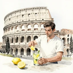 man making lemonade in front of the colosseum, monochrome watercolor painting