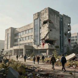 post apocalyptic hospital building, survivors walking, morning, building, avenue, modern contemporary urban americana concrete architecture, by pascal blanche, neil blevins, apocalyptic color palette, trending on artstation, photorealistic, wilderness ambiance, ultra detailed, high definition, depth of field, bokeh, rubble, wild vegetation, blood stains, building crumbling
