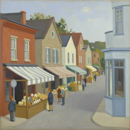 toylike town, street elevation, market, grant wood, pj crook, edward hopper, oil on canvas