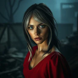 eerie atmospheric photograph featuring the protagonist of a silent hill film, a uniquely attractive woman with black & white hair, piercing blue eyes & tan complexion, alert contemplative expression on her face, in red dress, dramatic lighting, high contrast, dilapidated civilization in background,