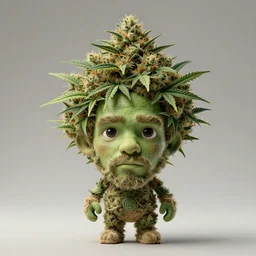 a man made of hemp, with a head in the form of a cannabis bloom, man like grut, green skin, character, art by james jean and greg rutkowski!!, realistic face, digital art, chibi style, golden ratio, perfect composition, trending on artstation, 8 k