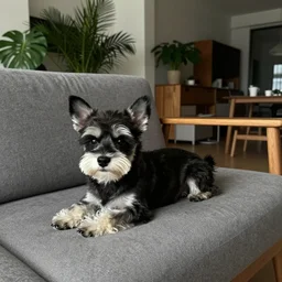 a small white - faced black dog, lying down on the sofa, house plants and wood furniture in the background, modern house, indoors, dim light, photograph, 4 k, shot on iphone, for a catalogue