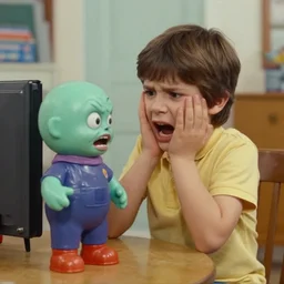 vhs footage of an 8 0 s toy commercial where a kid is terrified of a super creepy toy