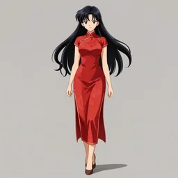 a beautiful anime woman with long black hair, wearing a red cheongsam, full body art by Steve Argyle