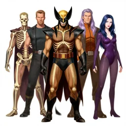 medical illustration of skeletal structure of Wolverine, Magneto, Professor X, Storm, Raven, Cyclops