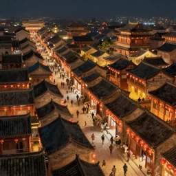 A beautiful painting of the overhead view of Ancient city in China at night by greg rutkowski, with a tremendous momentum,there were beautiful red lanterns in the streets,light effect,unreal engine, Trending on artstation