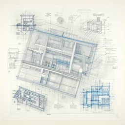 An artwork made from layers of technical drawings and architectural plans and blueprints very detailed and intricate with callout texts, leaders, arrows and bubbles by Kim Jung Gi and Hasui Kawase and Tomine
