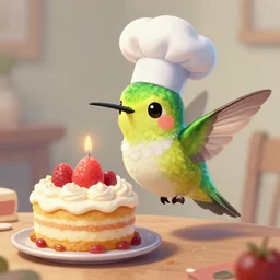 cute pyrohummingbird baking a cake in a chefs hat fantasy artwork detailed and intricate digital painting trending on artstation by wlop octane render