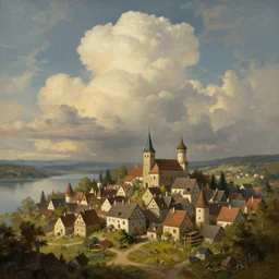 A beautiful painting of a small medieval village near a lake, cumulus clouds, dramatic composition, cinematic, concept art, golden ratio, matte painting, Marc Simonetti, Sergey Vasnev, Anato Finnstark, artstation, 8k, high resolution