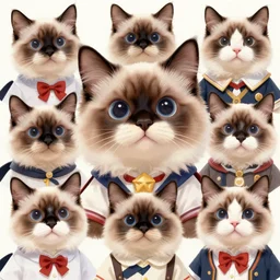 graphic, hyperreal, portraiture illustration of a anthropomorphic cute big - eye ragdoll cat in different cosplay clothes, smiling, digital painting