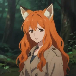 girl with fox ears, long wavy orange hair, light brown trenchcoat, forest background, focus on face, pretty, moody lighting, painterly, illustration by shigenori soejima