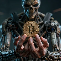 terminator's hand holding a bitcoin between two fingers. centered. horror cyberpunk dystopia style. highly detailed 8 k. intricate. nikon d 8 5 0 3 5 mm. award winning photography.