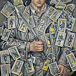 a painting of a man holding a knife, an ultrafine detailed painting by james jean, behance contest winner, vanitas, tarot card, dystopian art, angular, altermodern