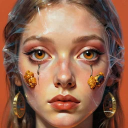 close up sci - fi hippie poster art simon stalenhag snack eyes, plastic wrap skin, elegant, highly detailed, centered, digital painting, concept art, smooth, sharp focus, illustration, artgerm, tomasz alen kopera, peter mohrbacher, donato giancola, joseph christian leyendecker, wlop, frank frazetta