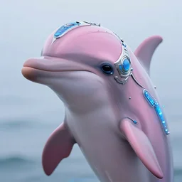 natural light, soft focus portrait of a cyberpunk anthropomorphic dolphin with soft synthetic pink skin, blue bioluminescent plastics, smooth shiny metal, elaborate ornate head piece, piercings, skin textures, by annie leibovitz, paul lehr