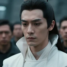 portrait of a regal prince with sharp cheekbones, white clothes, high collar, close up, wistful melancholic expression, super details, crowd of angry people out of focus in the close background, modern digital art, matte painting, science fiction