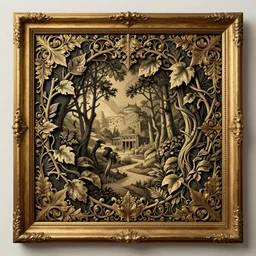 a illustration fantasy wood frame engraving with extreme intrincate details, gold border highly detail ornaments art by fantasy style, centered, facing shot, leaves and lianas
