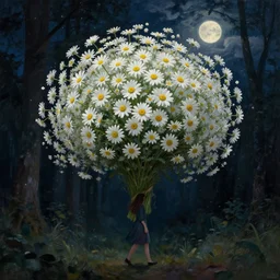 giant bunch of daisy flowers head, girl walking in dark forest, surreal photography, dark night, stars, moon light, impressionist painting, clouds, digital painting, artstation, simon stalenhag
