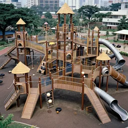 full - color 1 9 7 0 s photo of a vast incredibly - large complex very - dense tall many - level playground in a crowded schoolyard. the playground is made of wooden planks, rubber tires, metal bars, and ropes. it has many spiral staircases, high bridges, ramps, balance beams, and metal tunnel - slides.