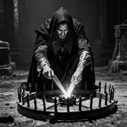 A rogue disarming a trap. Religious, Dark Fantasy, Film Noir, Black and White. High Contrast, Mike Mignola, D&D, OSR