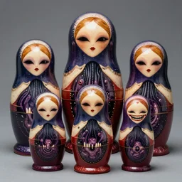 5 xenomorph matryoshka dolls, by h. r. giger and tony sandoval. alien, teeth, slurm.